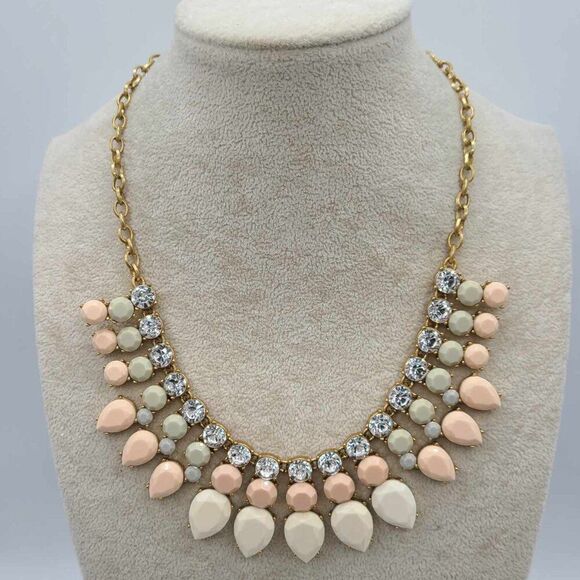 J Crew Pink White Gray Resin Stones with Clear Crystal Necklace NWOT! - Picture 1 of 11